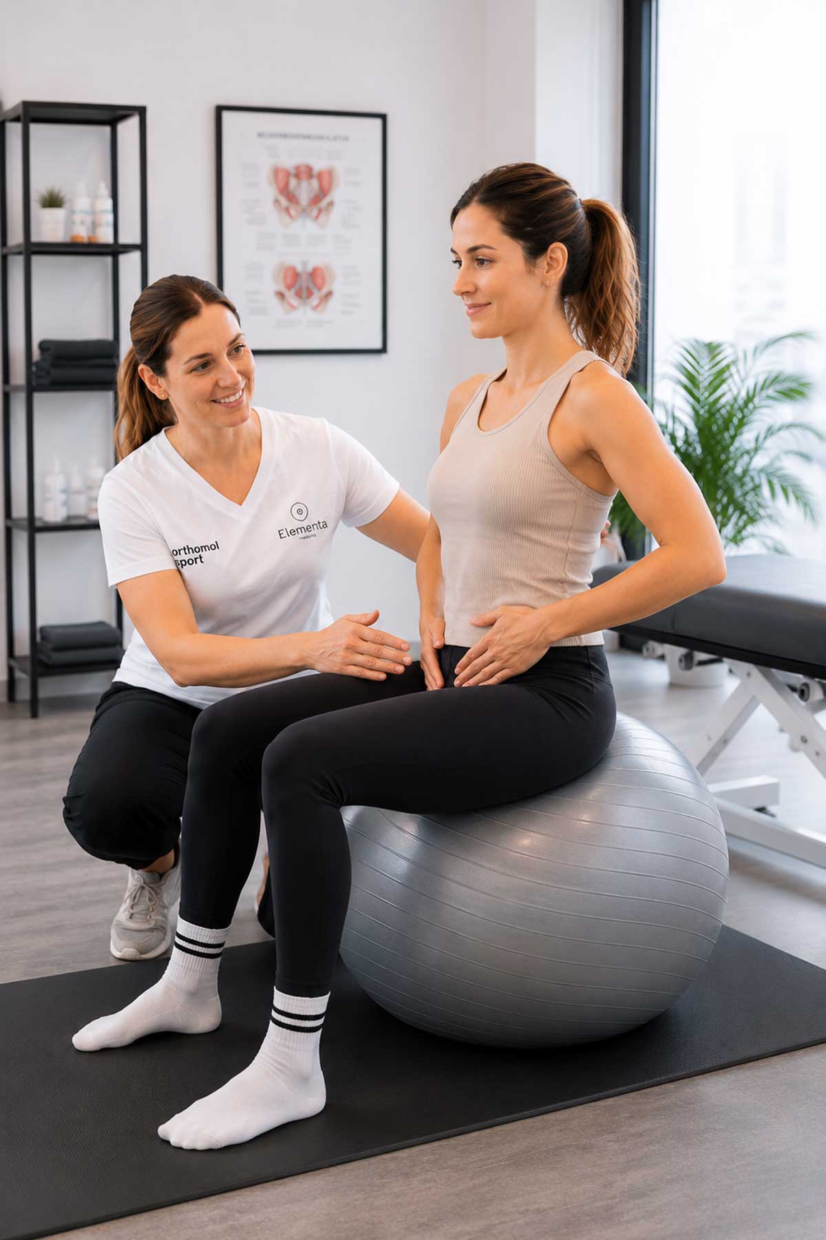 Physiotherapeutin begleitet eine Patientin bei aktivem Beckenbodentraining auf einem Gymnastikball in der Physiotherapie.