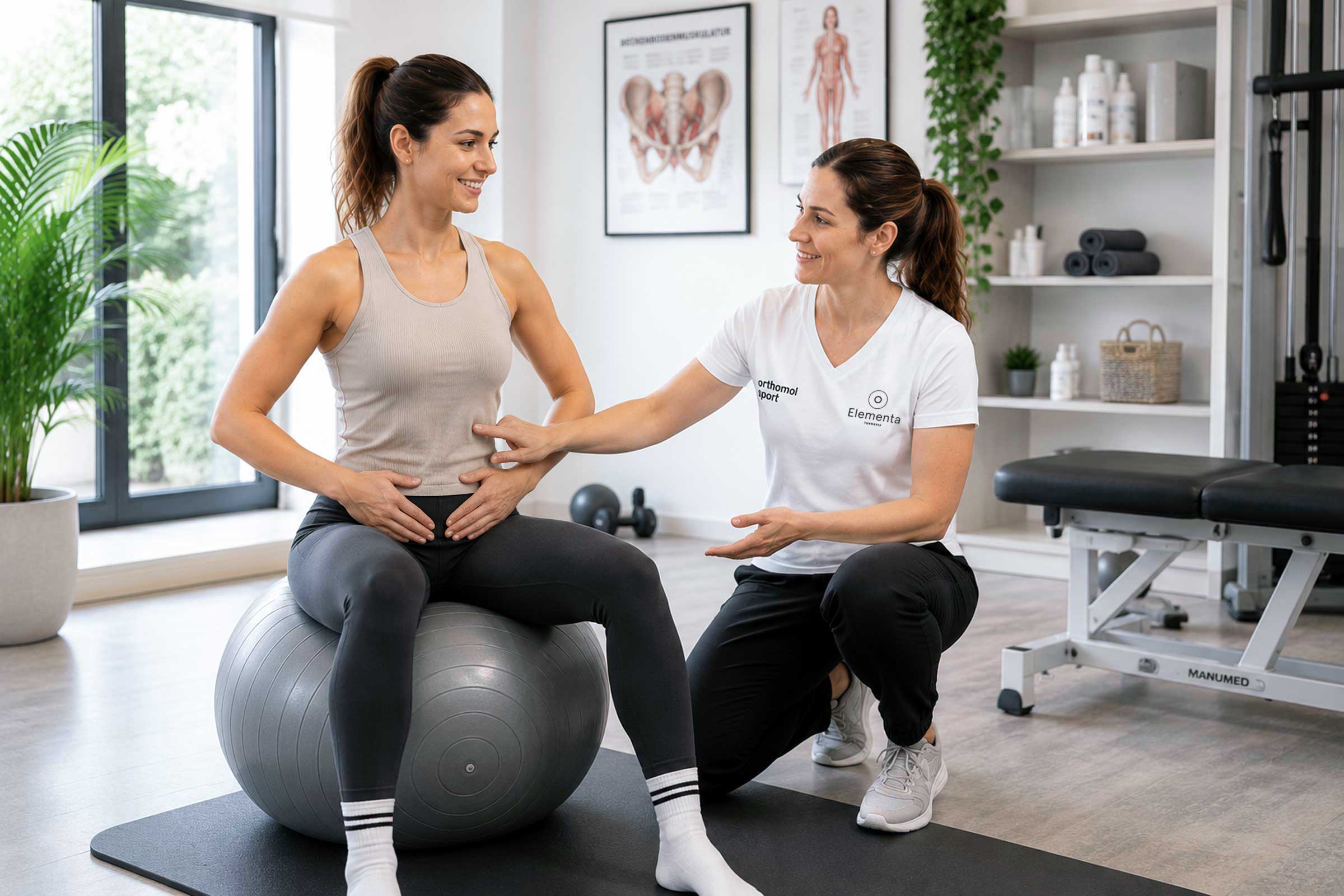 Physiotherapeutin erklärt einer Patientin die vaginale Therapie und Beckenbodenphysiotherapie anhand eines Beckenmodells.