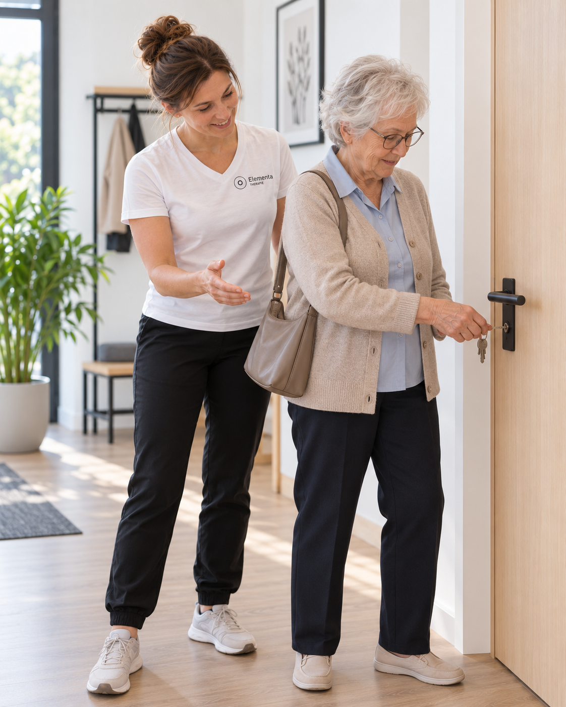 Ergotherapeutin begleitet eine Seniorin beim selbstständigen Aufschließen einer Tür