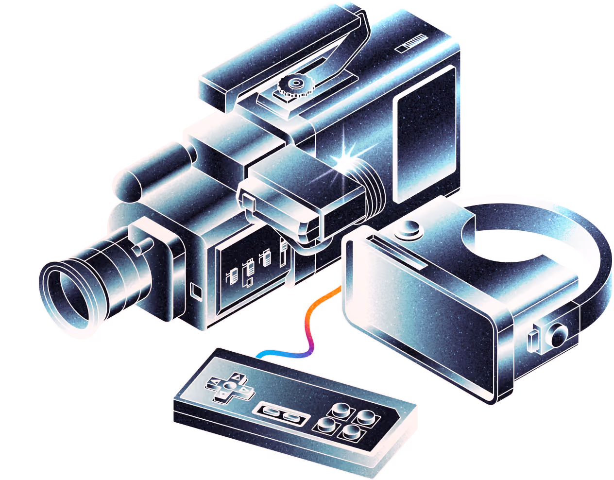 Line illustration of a camcorder and a game controller