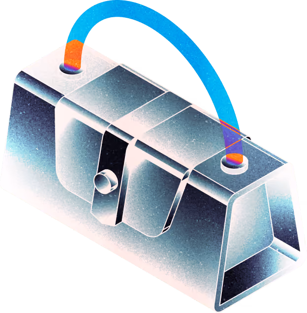 Stylized 3D render of a translucent handbag with a blue handle, streamed by Miris