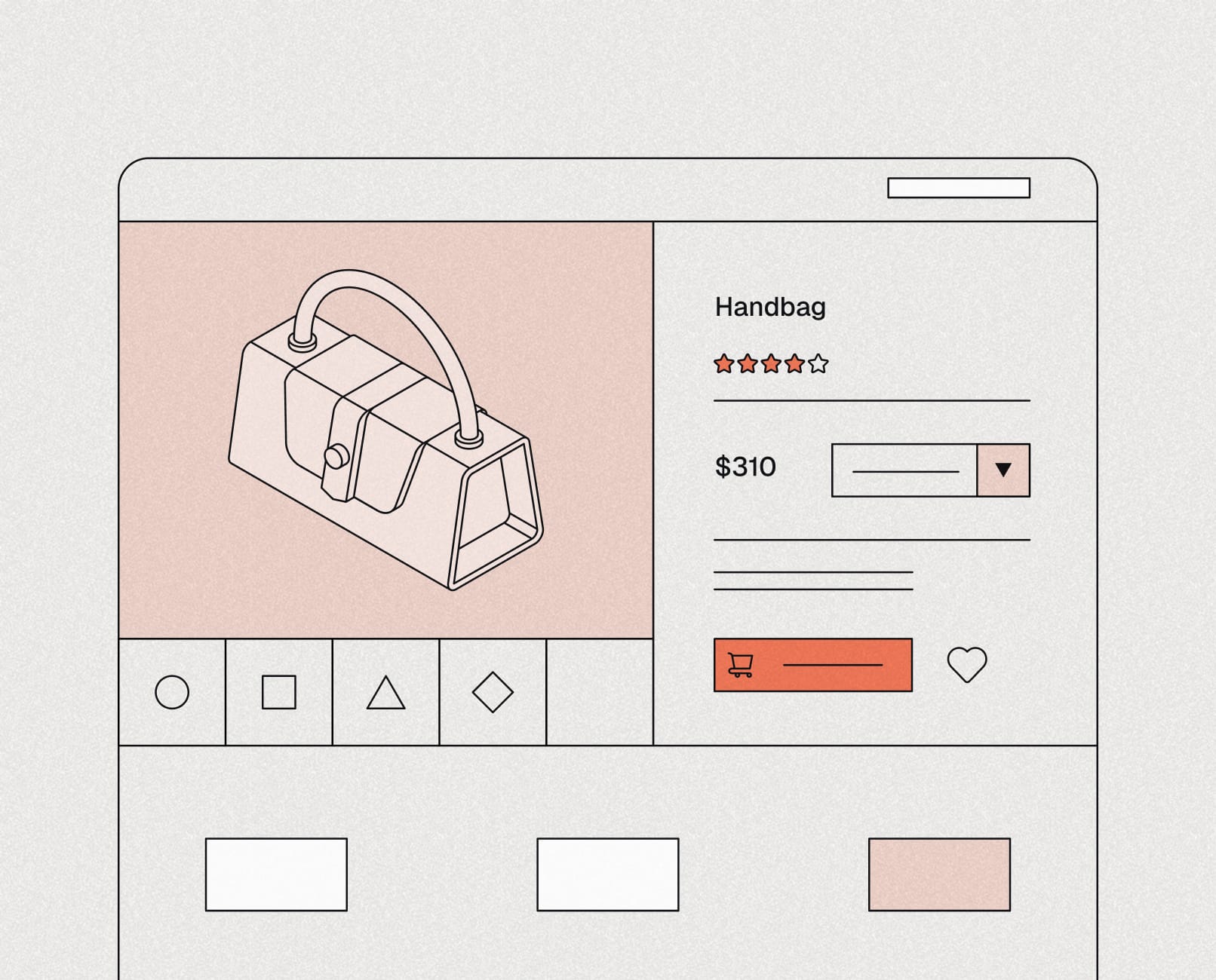 Wireframe product detail page with an interactive 3D handbag, price and add-to-cart button