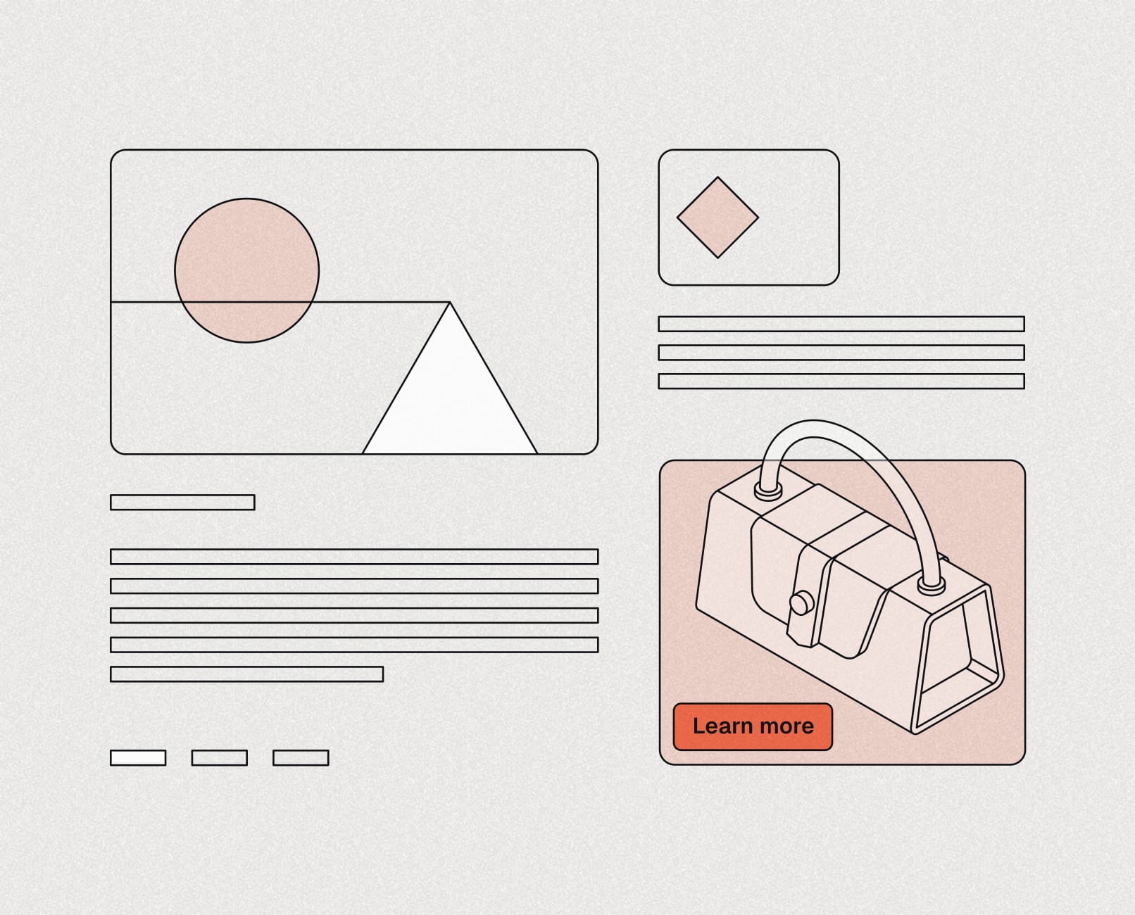 Wireframe web page with an interactive 3D handbag ad unit and a Learn more button