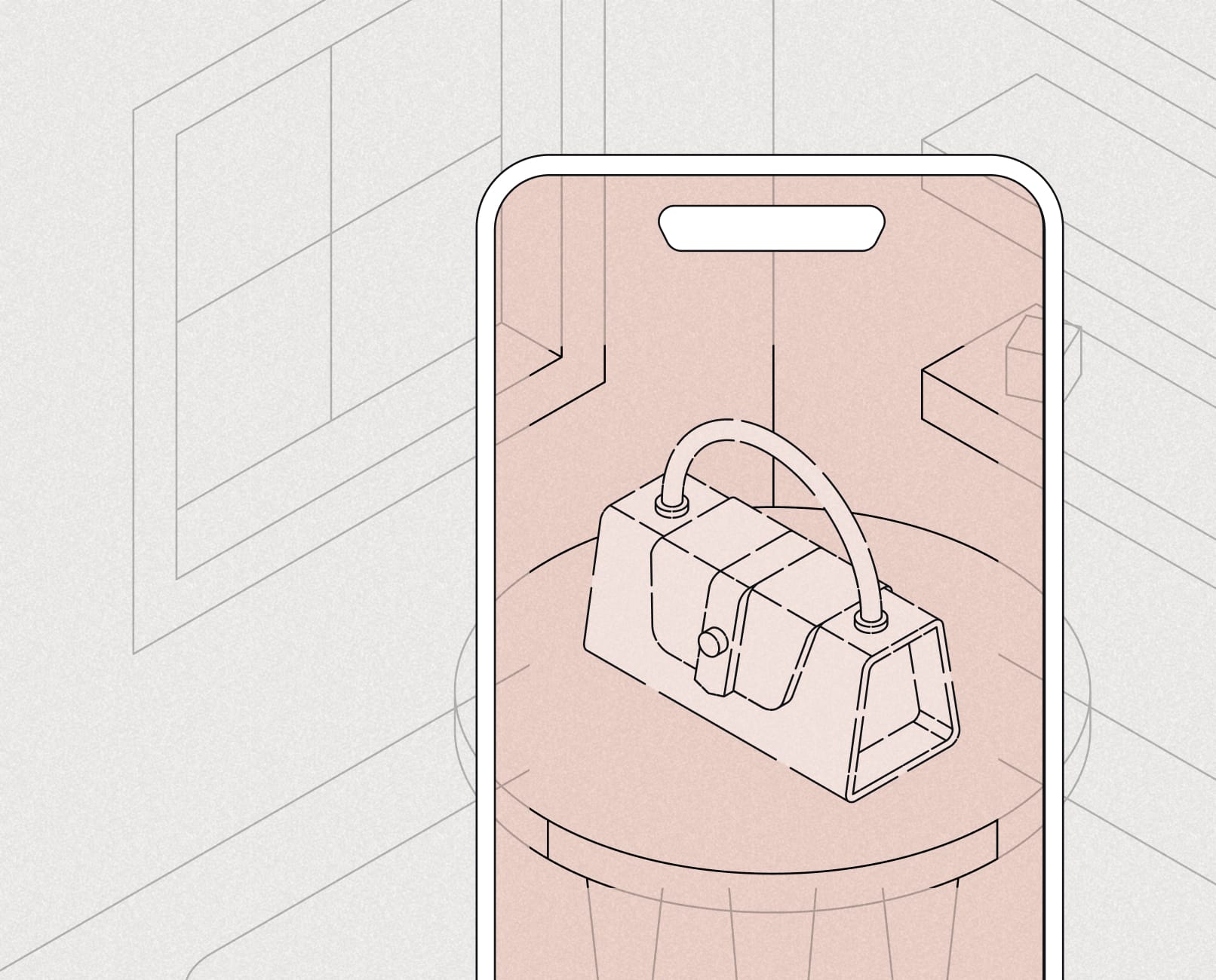 Phone screen previewing a 3D handbag in a room at true scale using AR