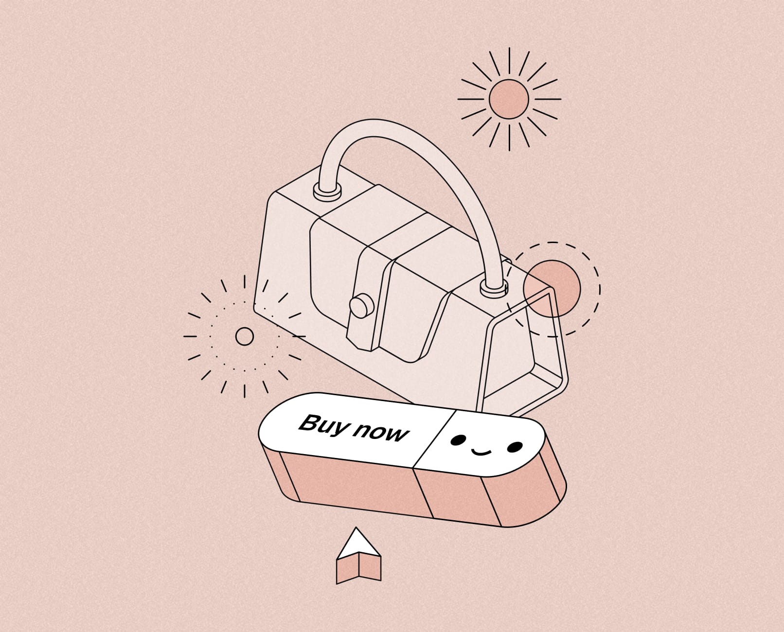 3D handbag beside a Buy now button, representing a confident purchase decision
