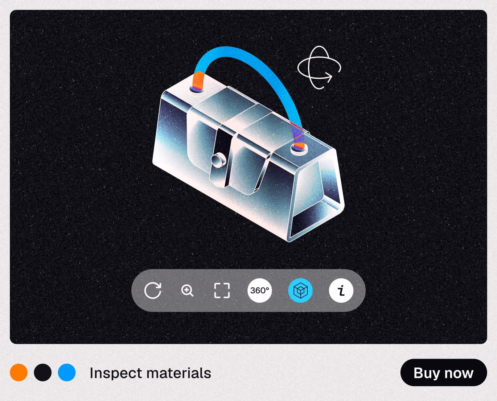 Product viewer showing a chrome handbag with rotate, zoom, 360 and inspect-materials controls and a Buy now button