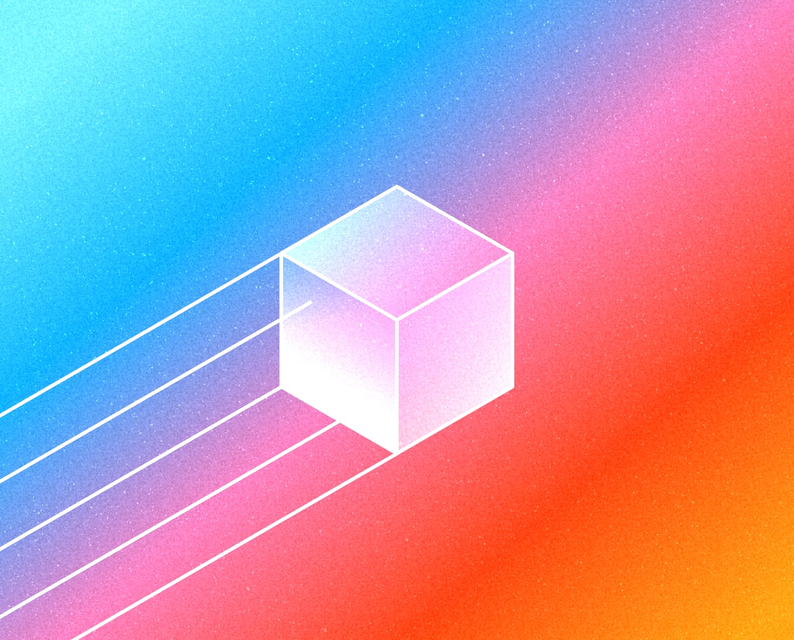 Outlined 3D cube streaming in with motion trails across a bright blue-to-orange gradient