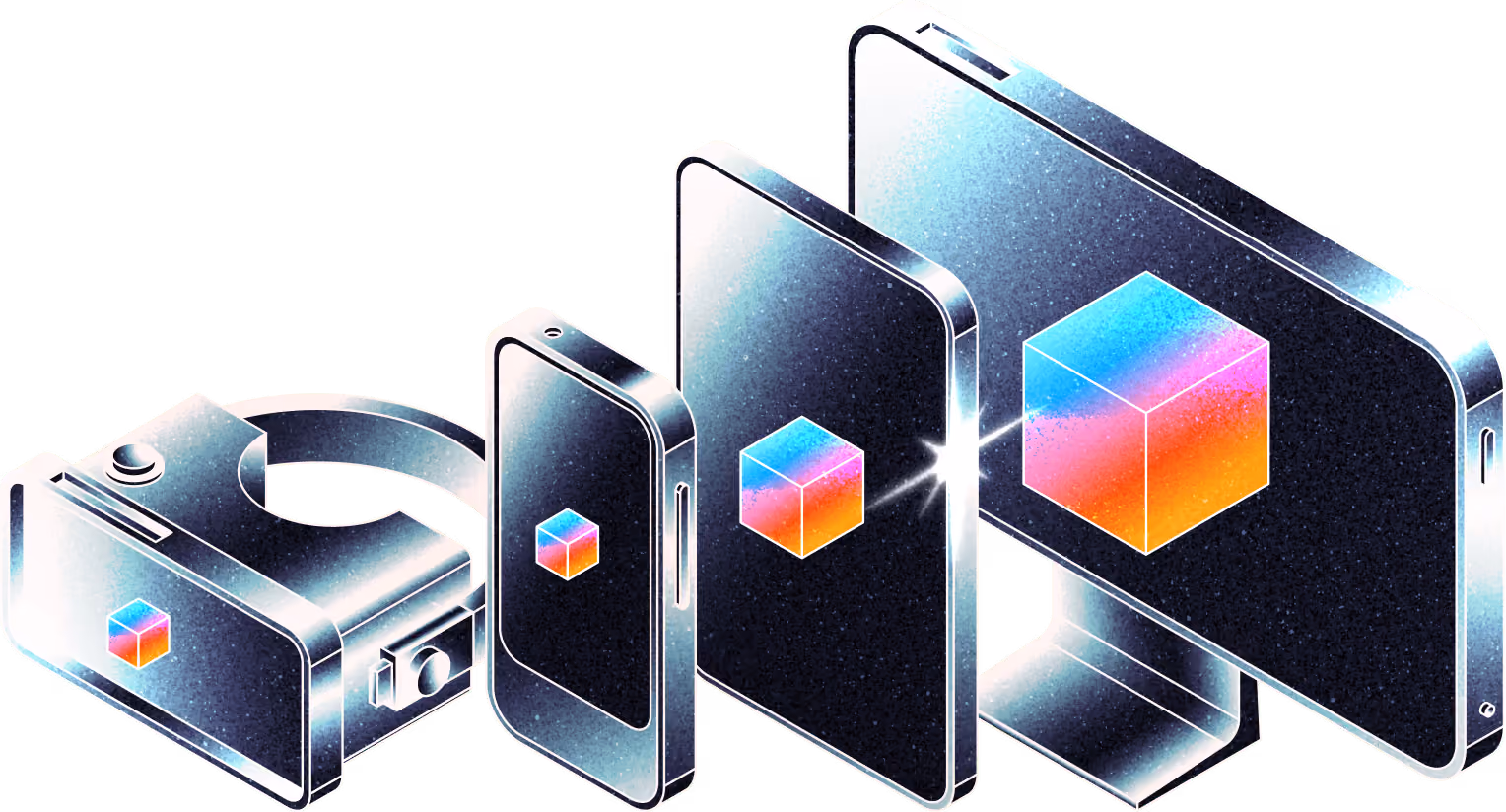 A VR headset, phone, tablet and monitor each displaying the same 3D cube asset