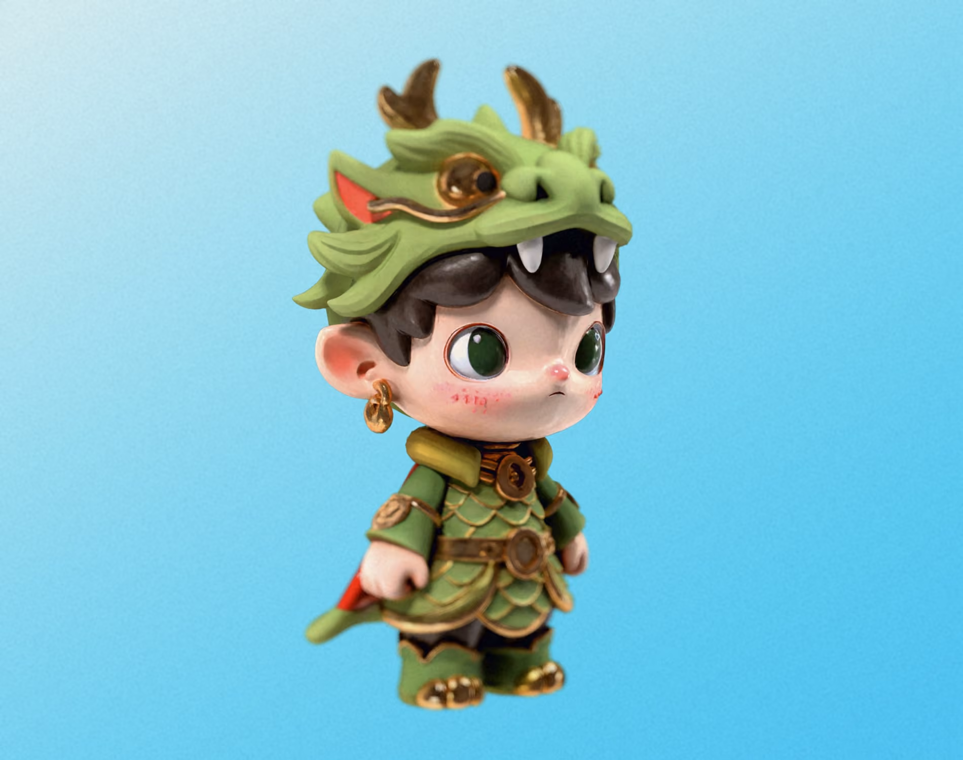 3D render of a collectible character figure in green dragon armour and a dragon-head helmet, against a blue gradient