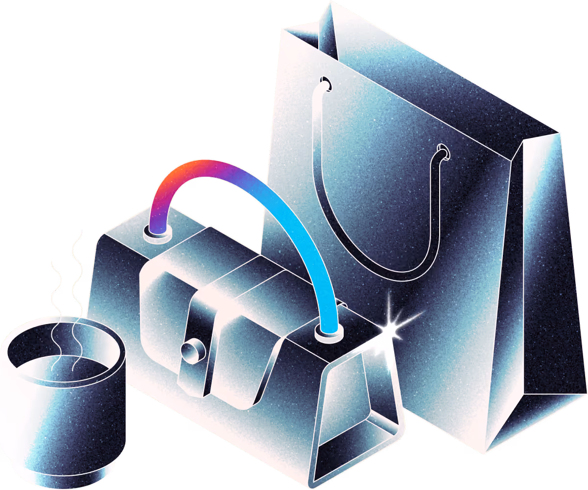 Iridescent 3D illustration of a handbag, shopping bag and cup representing retail products streamed in 3D