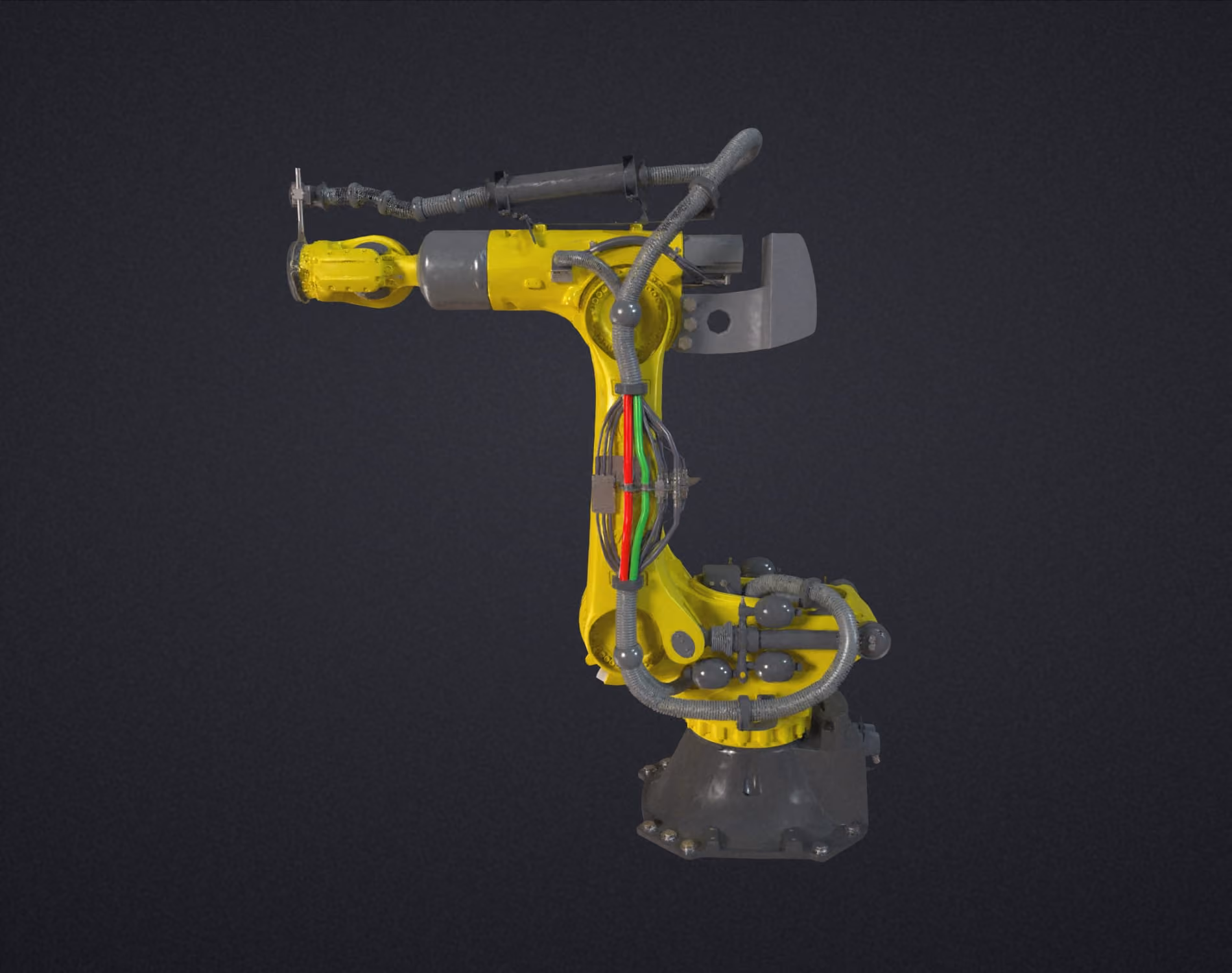 Photoreal 3D render of a yellow six-axis industrial robot arm with visible cabling and pneumatic lines