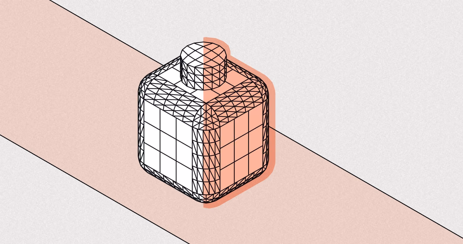 Isometric container shown half as a triangulated wireframe mesh and half as a solid surface, illustrating full-fidelity geometry