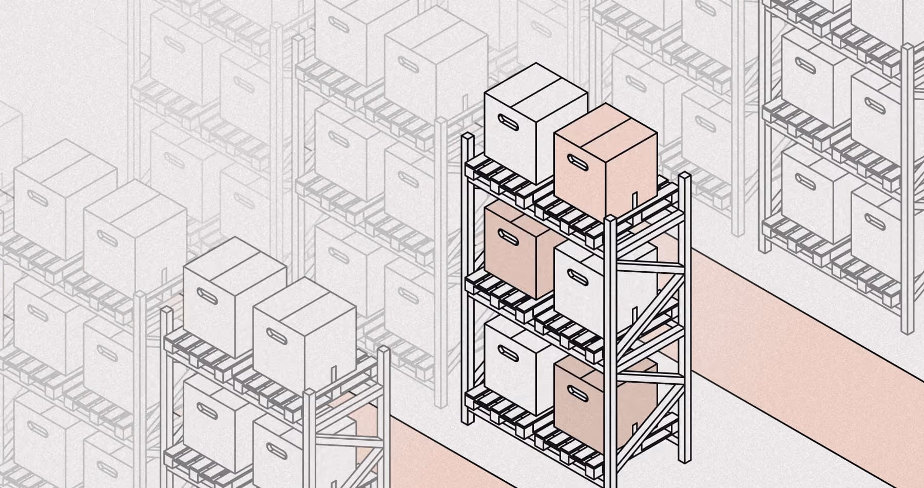 Isometric line illustration of warehouse racking, with a few boxes rendered in full detail among many drawn as outlines