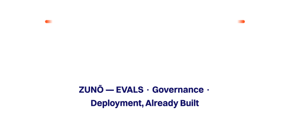 Text displaying 'ZUNŌ — EVALS · Governance · Deployment, Already Built' in bold dark blue font on a white background with small orange dash-like marks near the top edges.