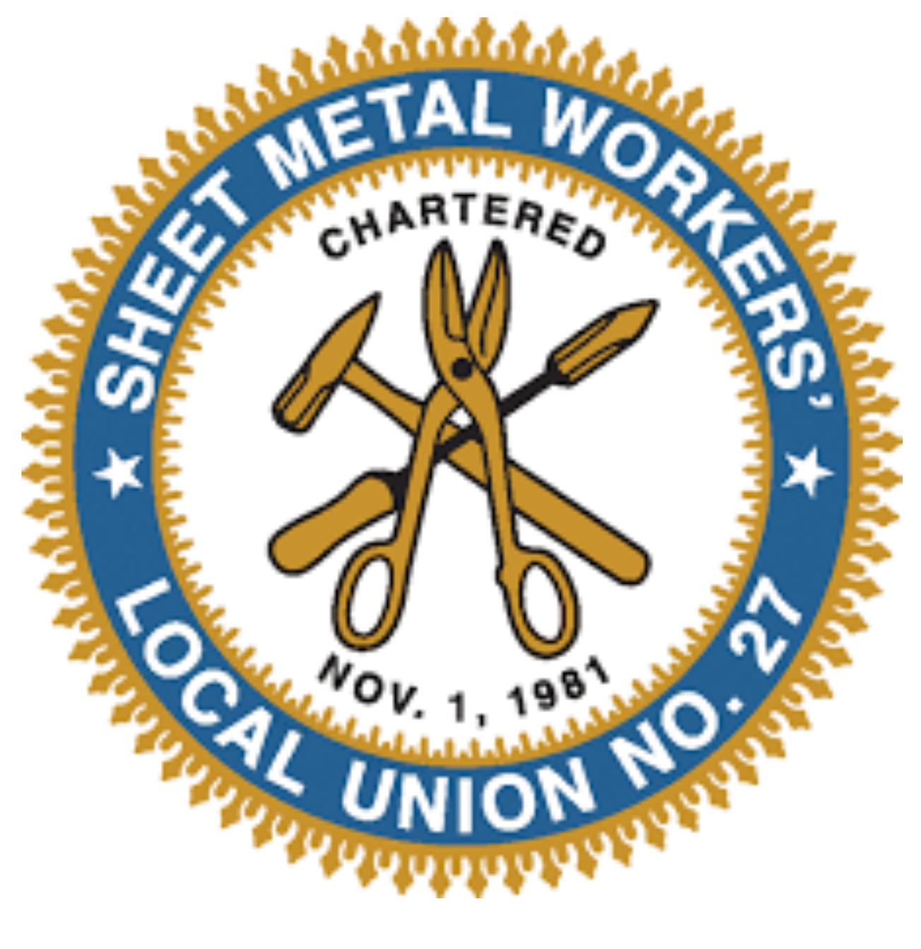 Seal of Sheet Metal Workers Local Union No. 27 with crossed tools and gear design.