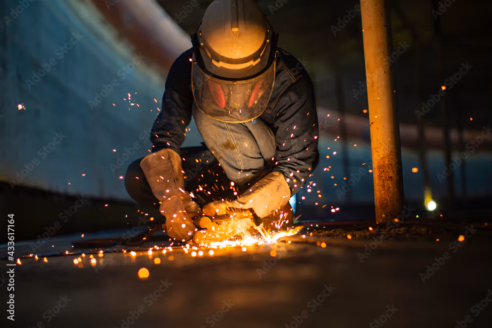 Worker wearing protective gear using a welding tool with sparks flying in a dim industrial setting.