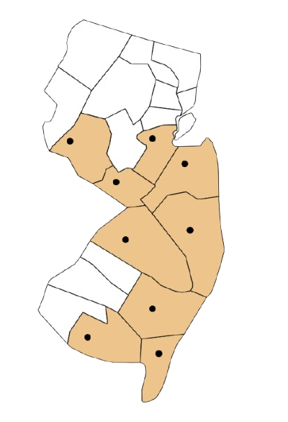 Map of New Jersey highlighting multiple counties in orange and blue, with other counties in gray.