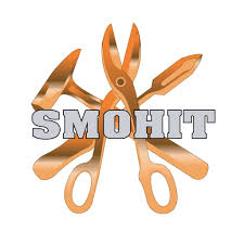 Logo with three copper-colored tools—a hammer, scissors, and screwdriver—arranged behind the text SMOHIT.