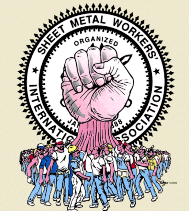 Illustration of a group of diverse workers standing in unity beneath a large clenched fist; background features the logo of the Sheet Metal Workers International Association.