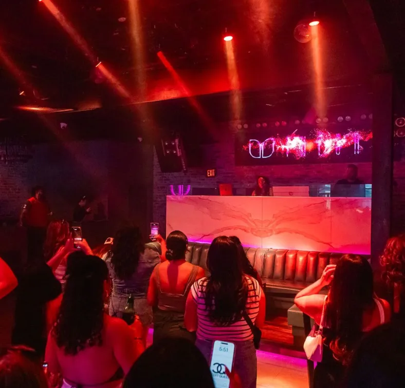 Audience watching a DJ perform under red club lighting