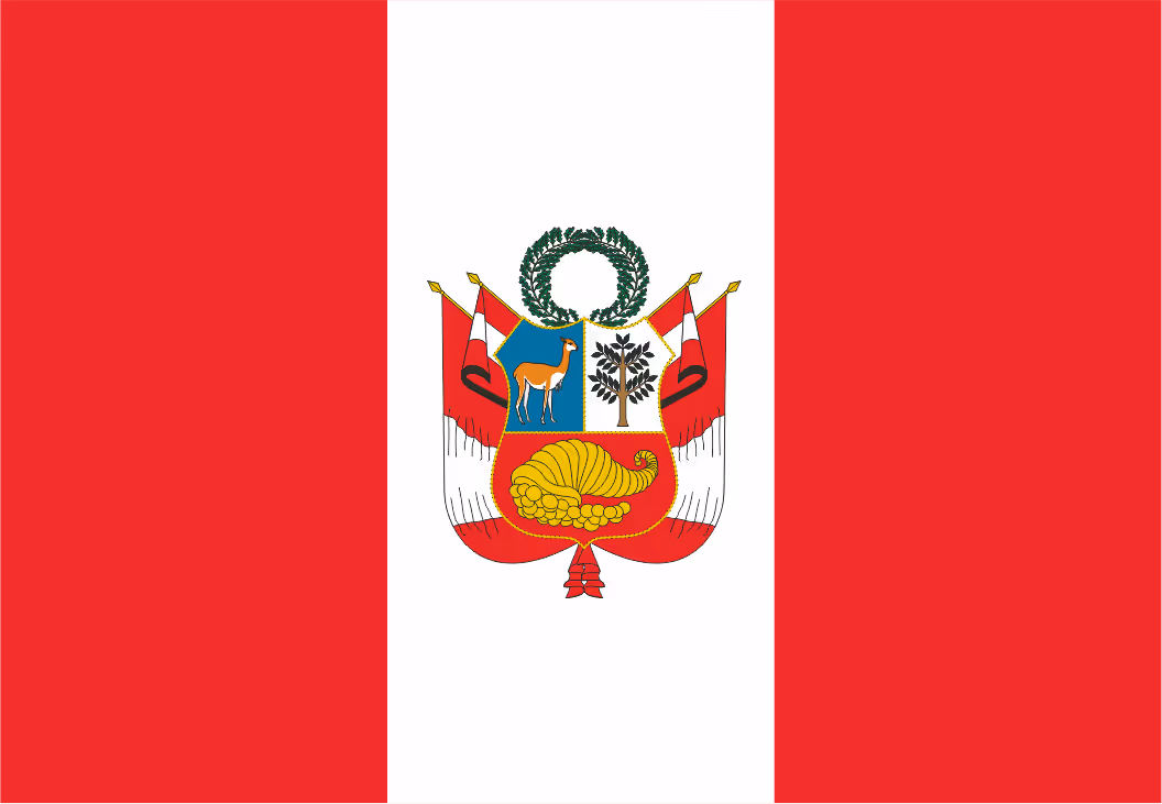 Flag of Peru with three vertical stripes in red, white, and red, featuring the national coat of arms in the center stripe.