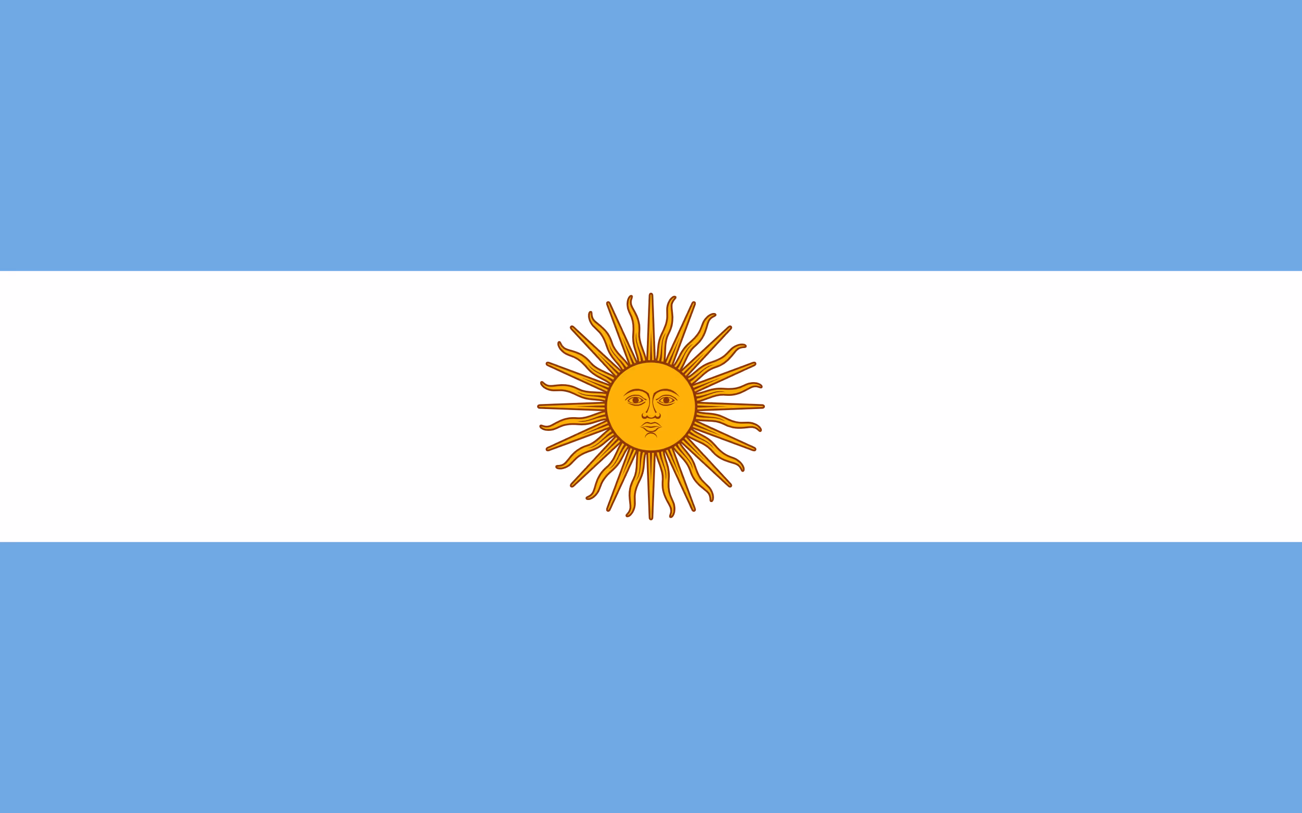 Flag of Argentina with three horizontal bands in light blue, white in the center, and a golden sun with a face in the middle.