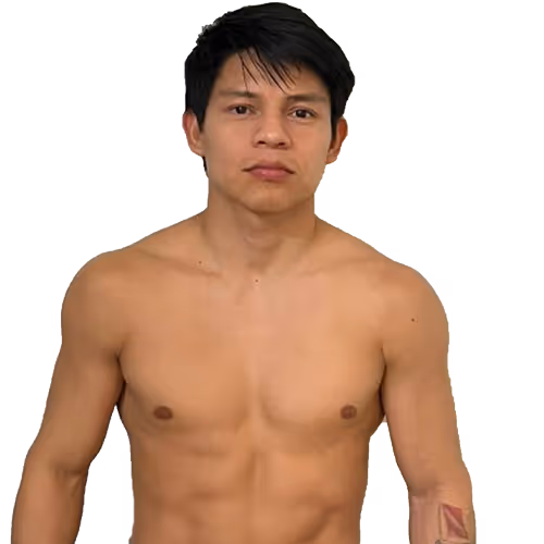 Shirtless young man with short black hair looking forward on a white background.