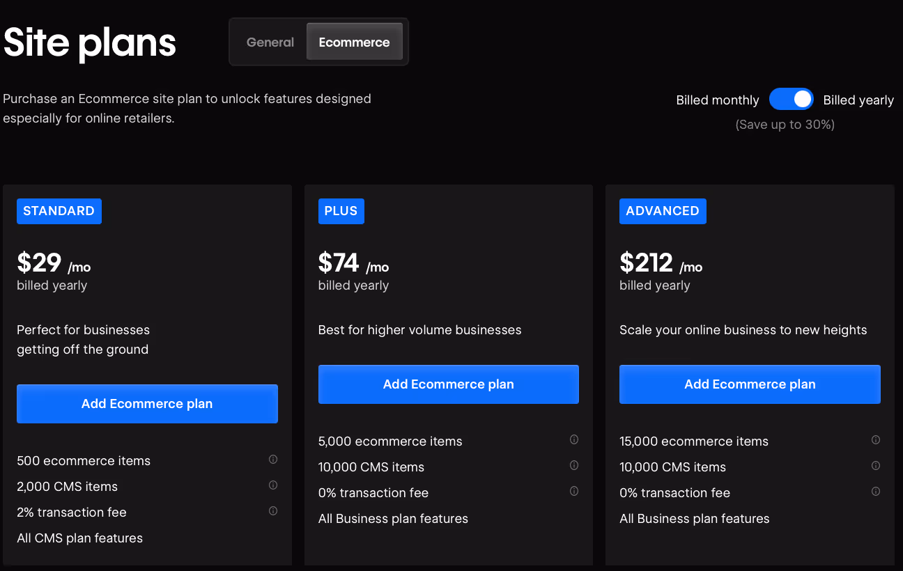 Tarifs des plans e-commerce Webflow : Standard, Plus, Advanced, comparaison des fonctionnalités par plan.