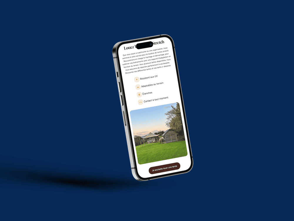 Mock up de la page d'accueil de Premium Tents sur téléphone.