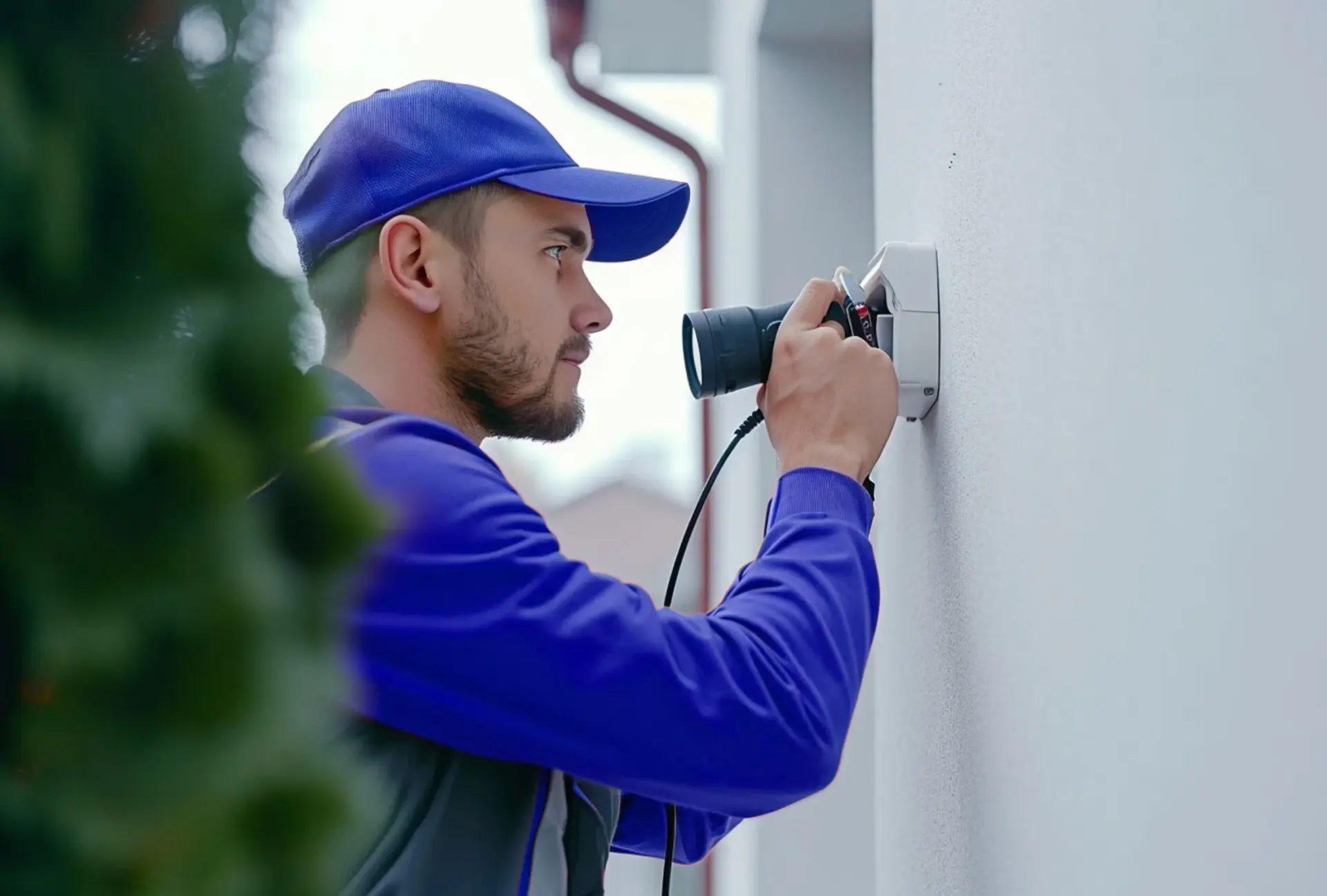 A man in a blue hat and shirt working on a wall mounted camera.