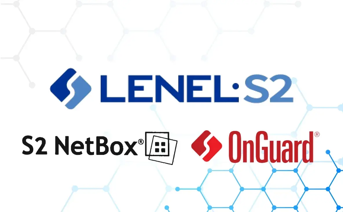 Lenel S2 logo on a white background with hexagonal pattern.