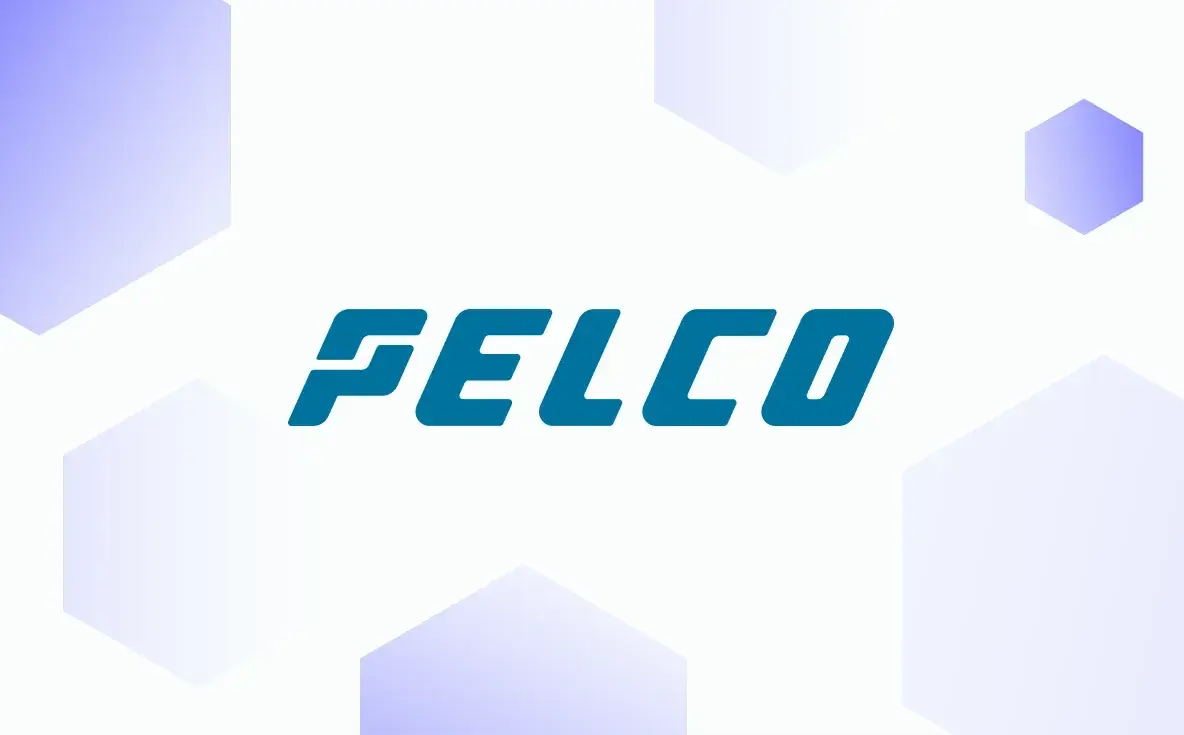 Pelco logo on a white background with light purple hexagonal shapes.