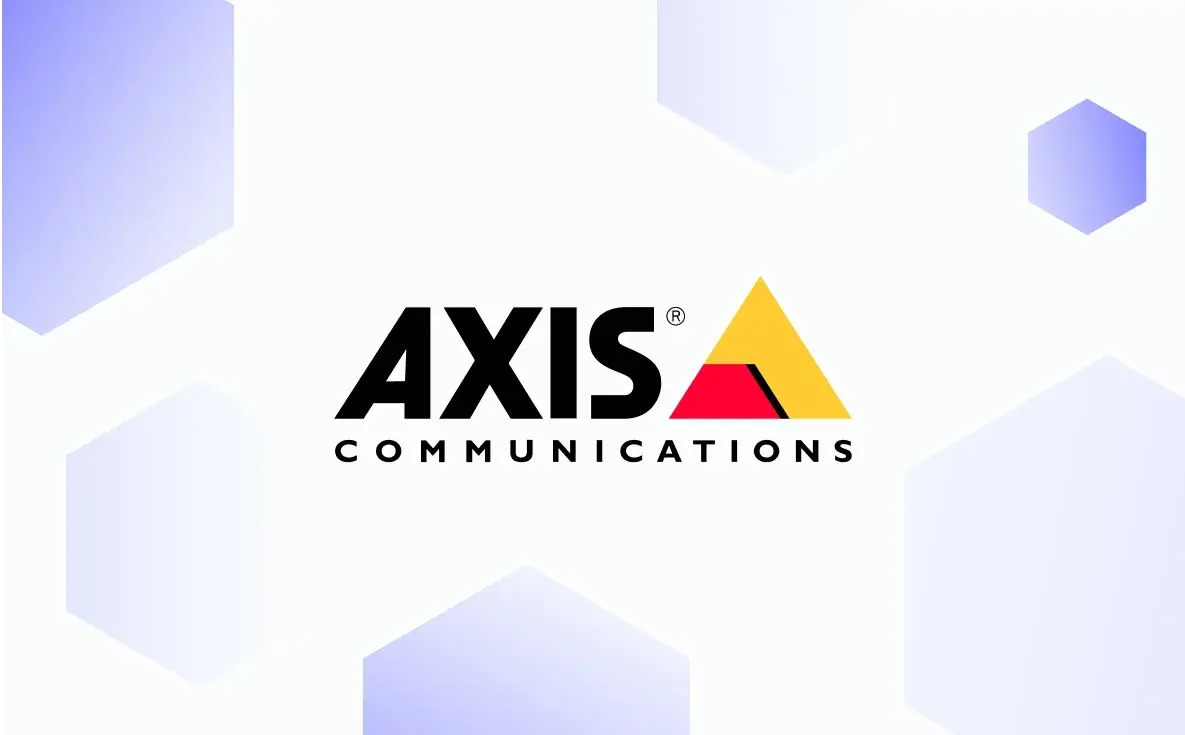 Axis Communications logo on a white background with light purple hexagonal shapes.