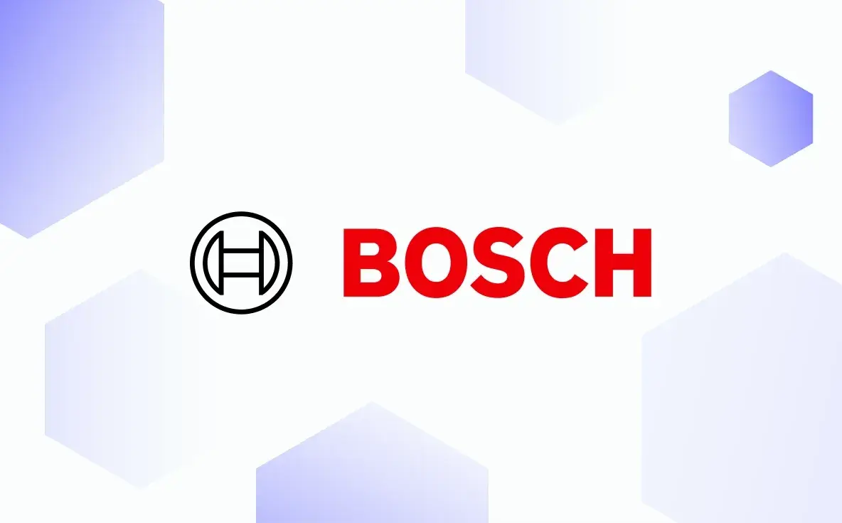 Bosch logo on a white background with light purple hexagonal shapes.