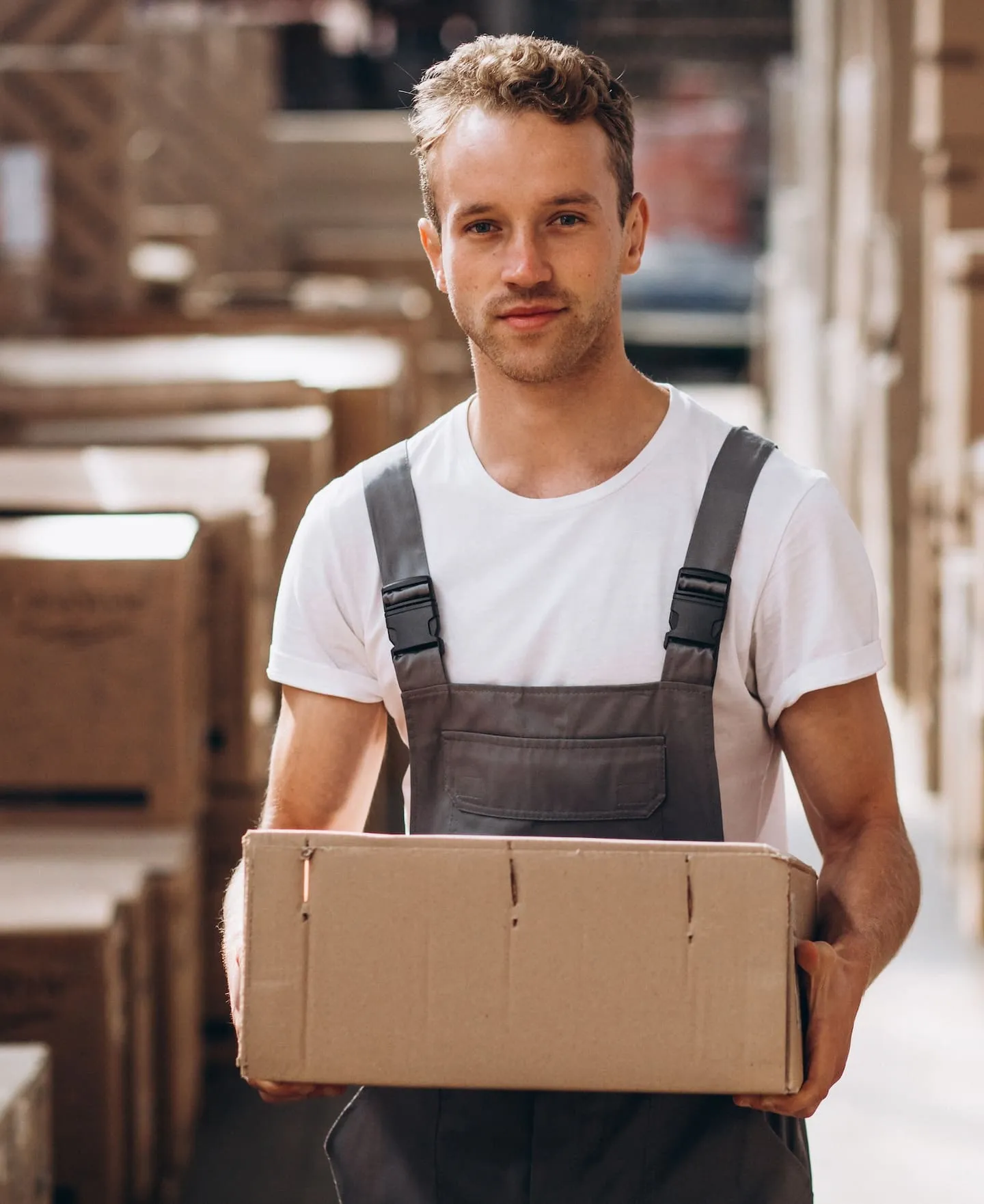 Junger Mann in weißem T-Shirt und grauer Latzhose hält einen Karton in einem Lagerhaus.