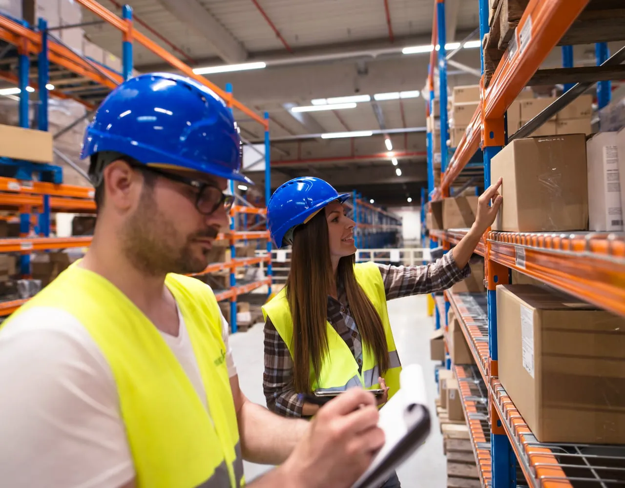 Zwei Lagerarbeiter mit blauen Schutzhelmen und gelben Warnwesten überprüfen Kartons in einem Lager.