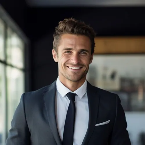 Junger Mann im dunklen Anzug lächelt in einem hellen Raum mit großen Fenstern.