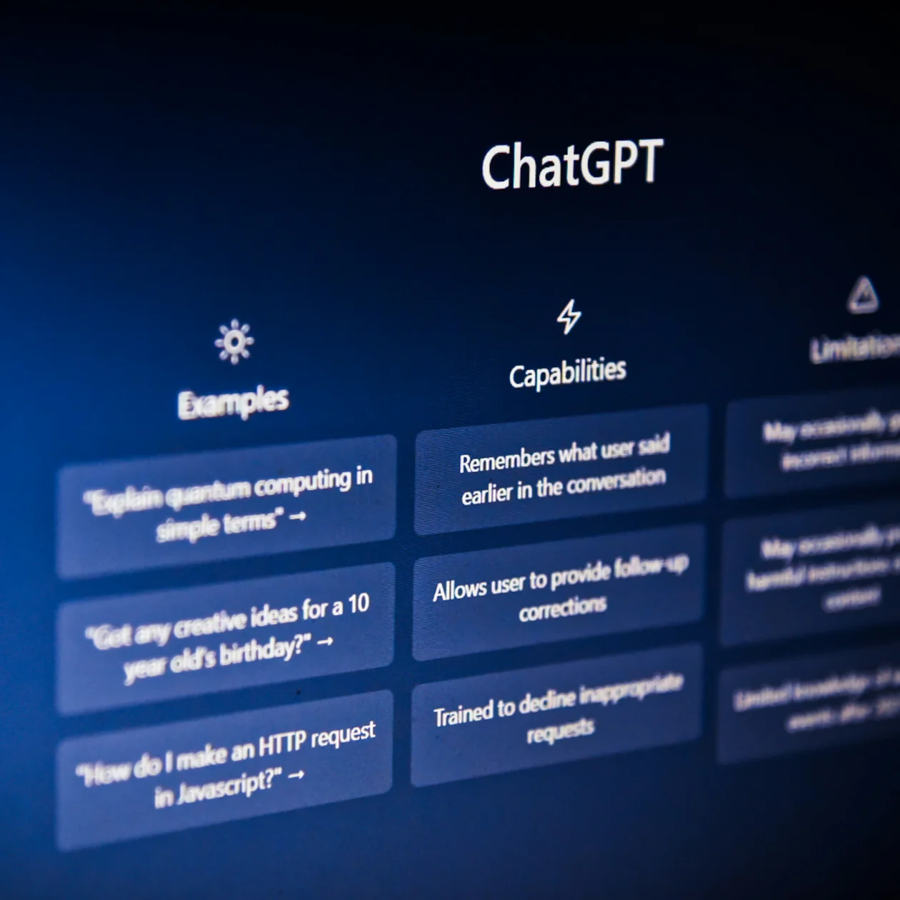 ChatGPT interface showing sections for Examples, Capabilities, and Limitations with sample phrases and descriptions.