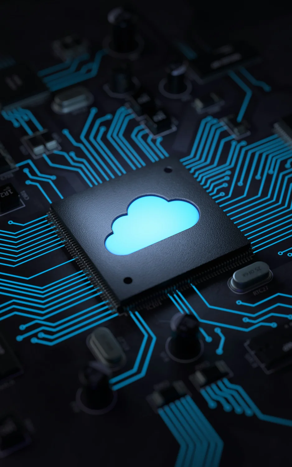 Microchip on a circuit board with a glowing blue cloud icon symbolizing cloud computing technology.