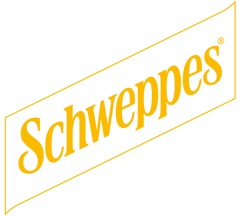 Schweppes logo in yellow text with a rectangular border on a transparent background.