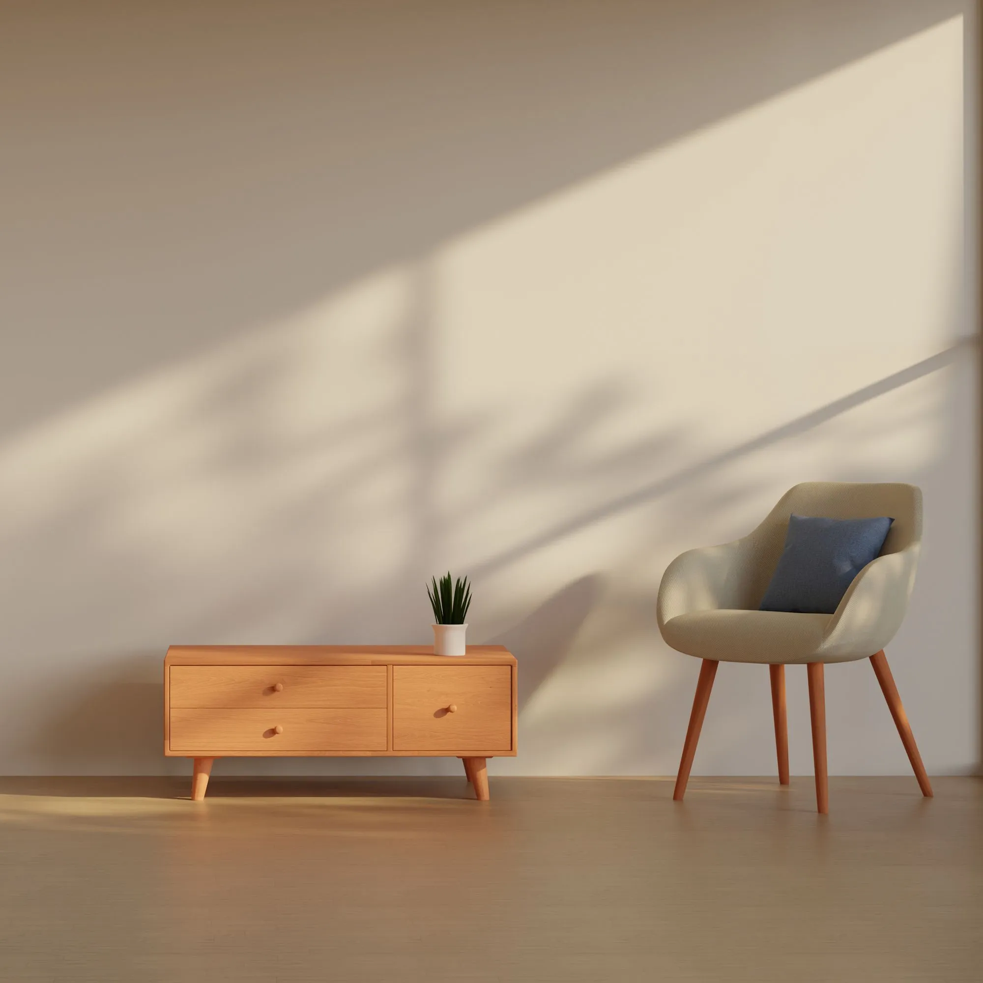 Minimalist corner with chair, cabinet, and plant