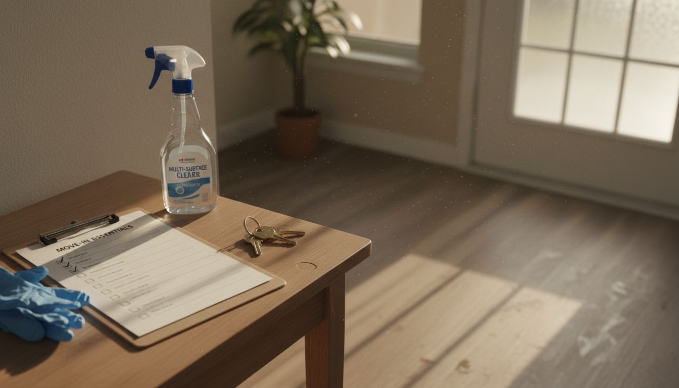 Cleaning checklist with keys and gloves