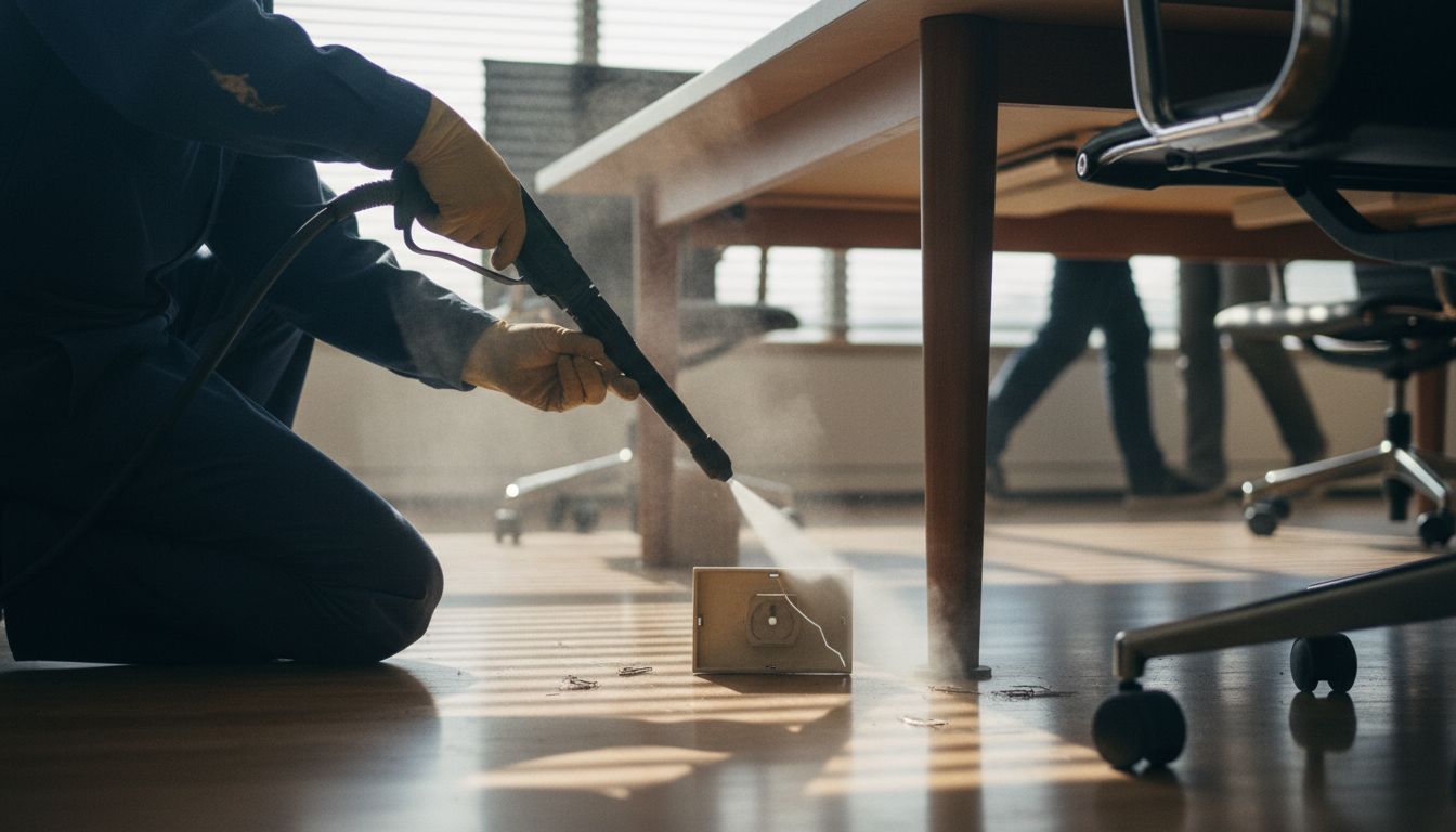 Technician uses steam cleaner under table