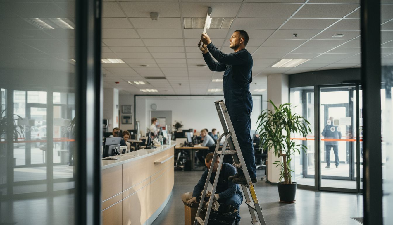 Worker changing office light fixture bulb