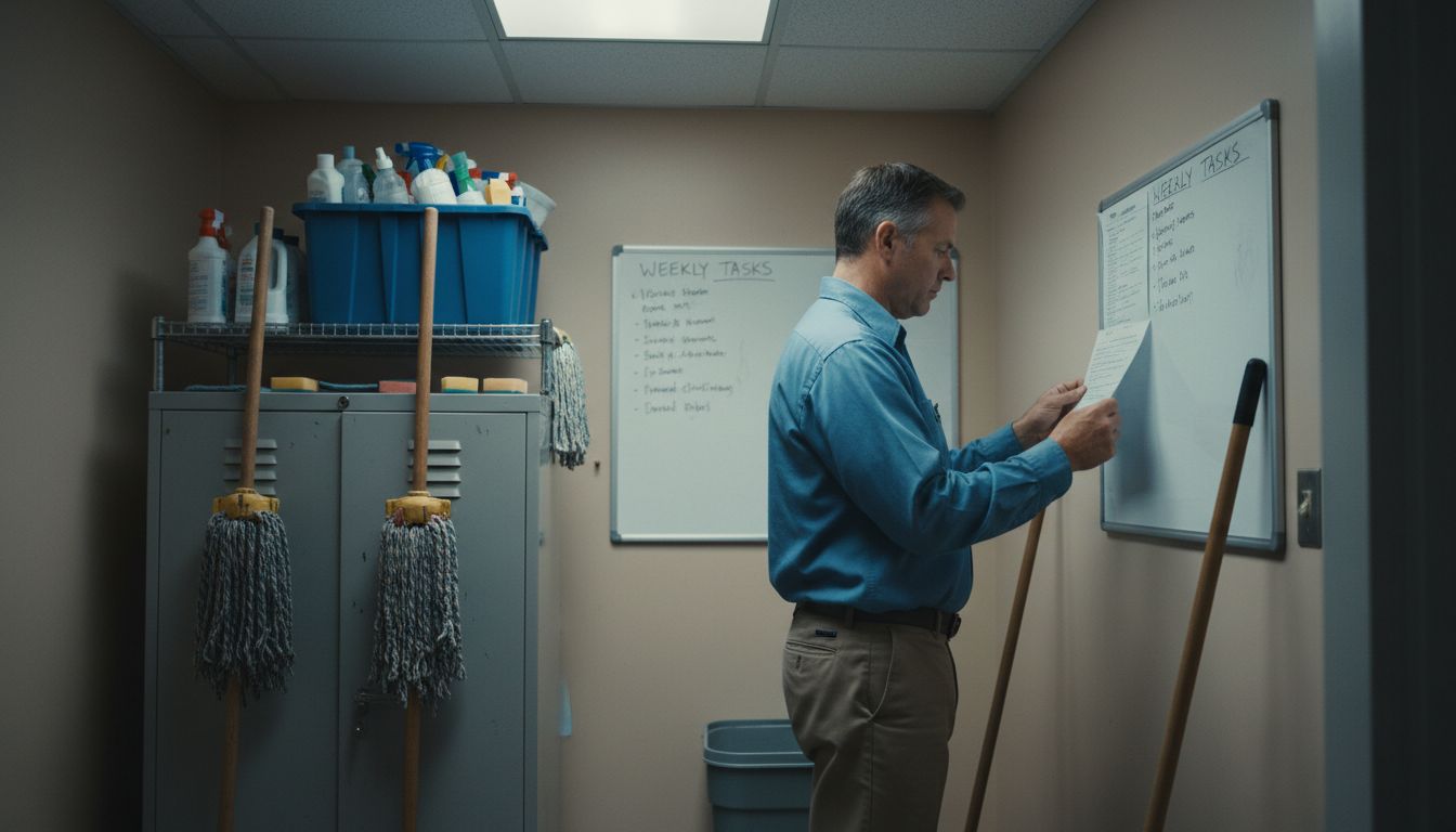 Supervisor checking cleaning checklist on wall