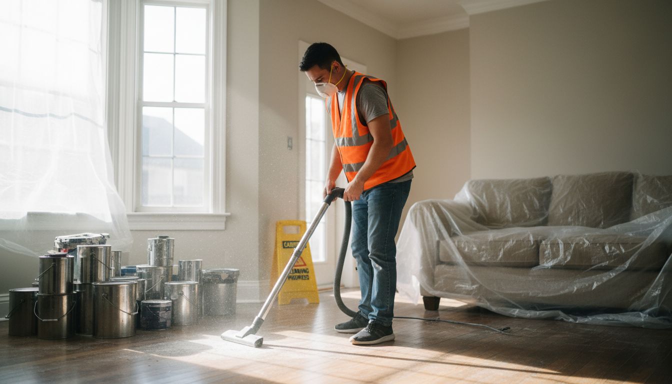 Cleaner vacuuming renovation dust in living room
