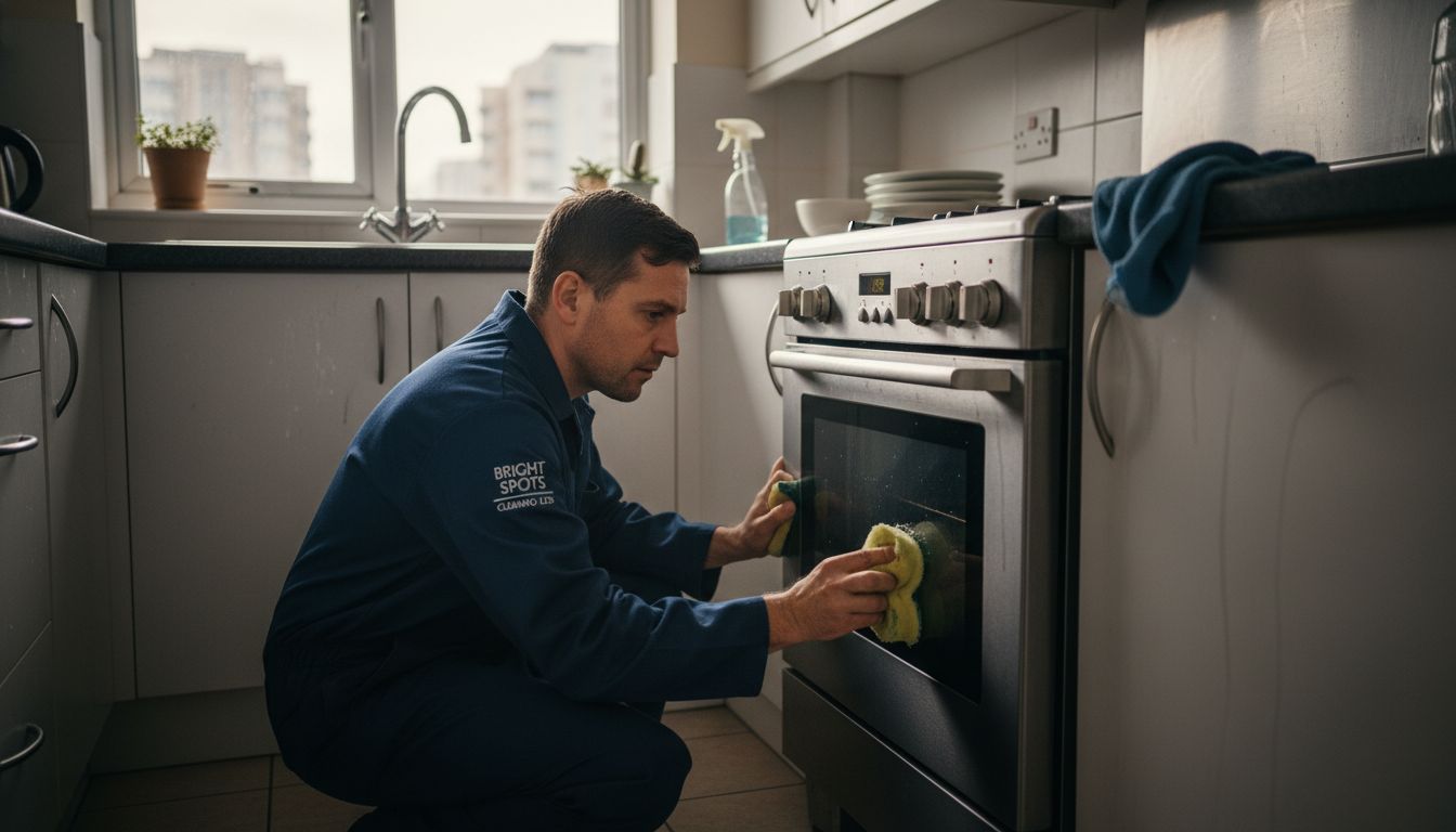 Cleaner scrubs apartment kitchen oven
