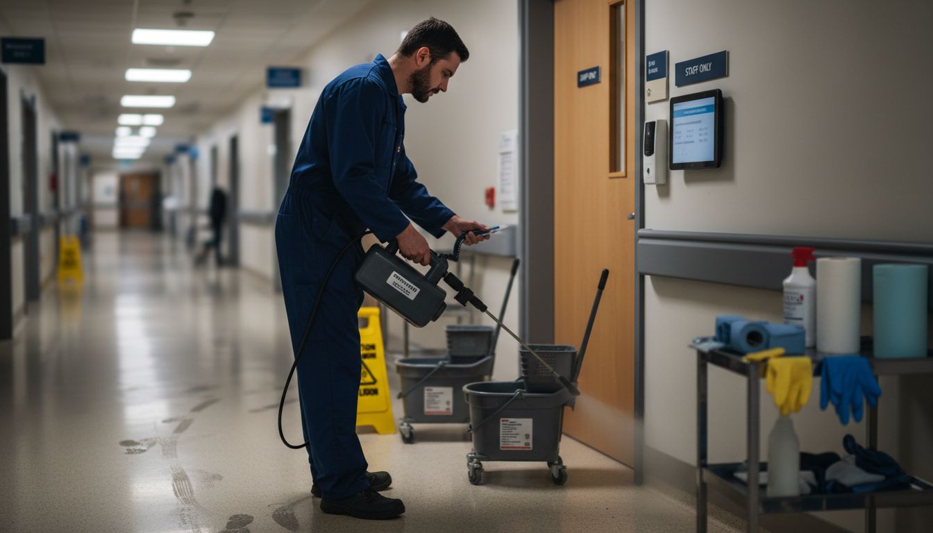 Technician using electrostatic sprayer in hospital