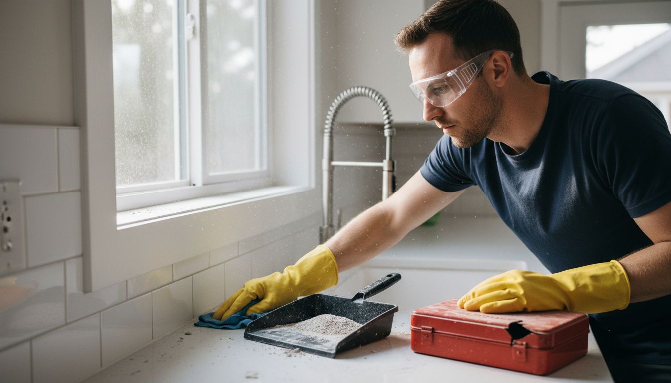 Cleaner wiping windowsill of renovation residue