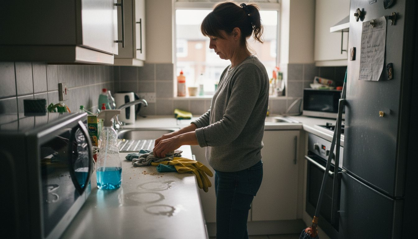 Woman assembling cleaning kit in kitchen